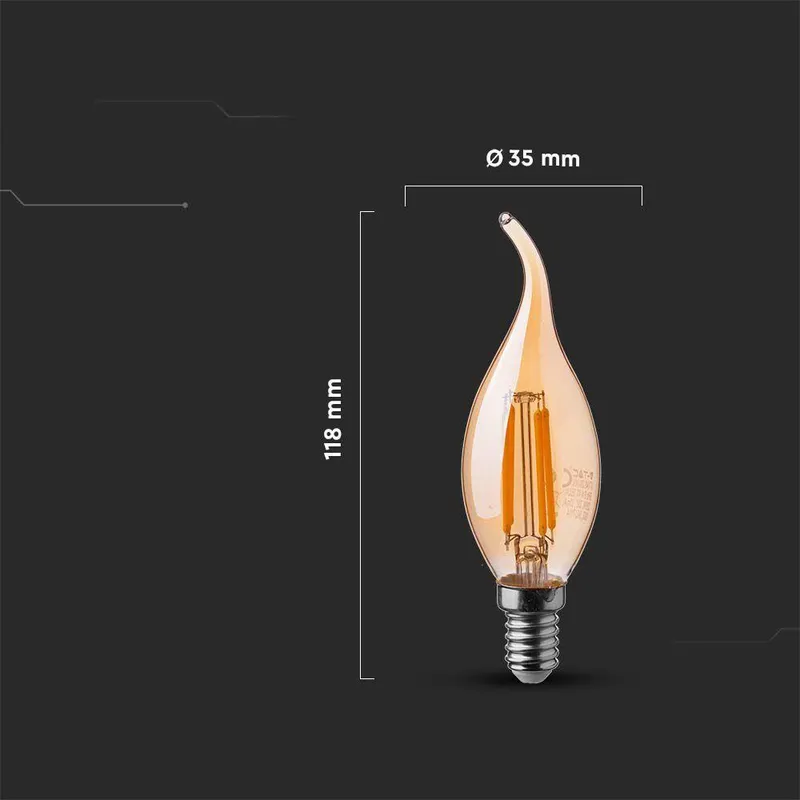 Żarówka LED V-TAC 4W Filament E14 Świeczka Bursztyn Płomyk VT-1949 2200K 350LM