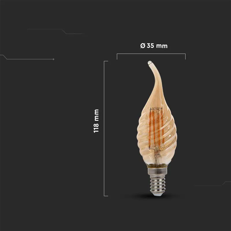 Żarówka LED V-TAC 4W Filament E14 Świeczka Bursztyn Płomyk Twist VT-1947 2200K 350LM