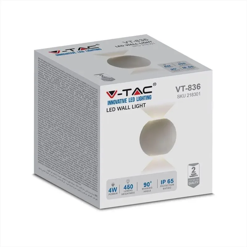 Kinkiet Ścienny V-TAC 4W LED Okrągły IP65 VT-836-W 4000K 476LM - Biały