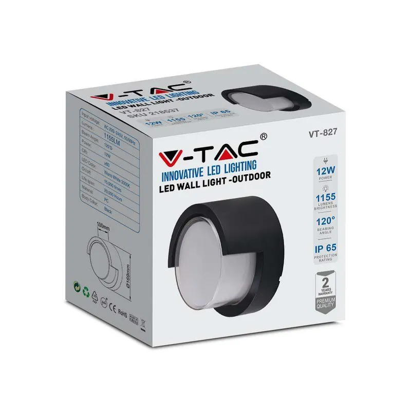 Oprawa Ścienna V-TAC 12W LED IP65 Okrągła VT-827 4000K 1155LM - Czarna