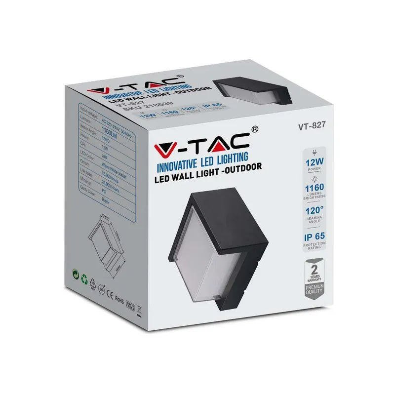 Oprawa Ścienna V-TAC 12W LED IP65 Kwadrat VT-827 3000K 1160LM - Czarny