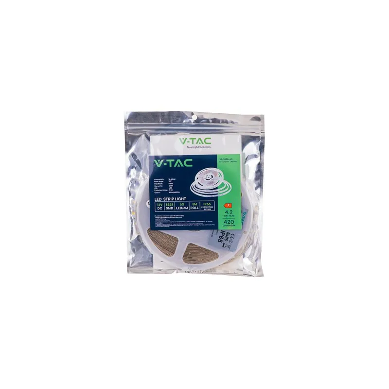 Taśma LED V-TAC 12V SMD3528 300LED IP65 Rękaw 4,2W/M VT-3528 60-IP65 3000K 420LM