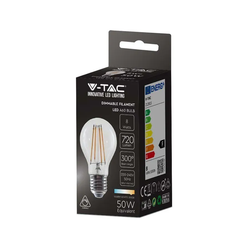 Żarówka LED V-TAC 8W Filament E27 A65 Ściemnialna VT-2288D 3000K 720LM