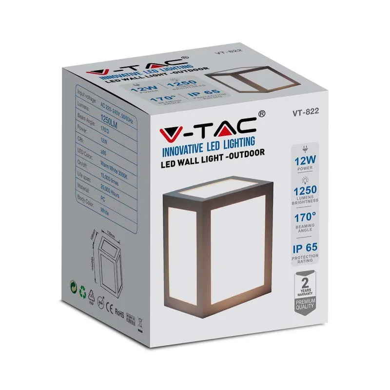 Oprawa Ścienna V-TAC 12W LED IP65 VT-822 4000K 1350LM - Szara
