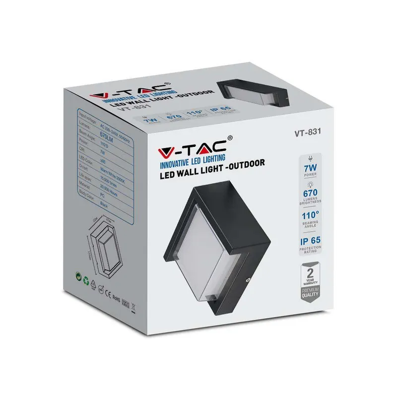 Oprawa Ścienna V-TAC 7W LED Kwadrat IP65 VT-831 3000K 670LM - Czarna