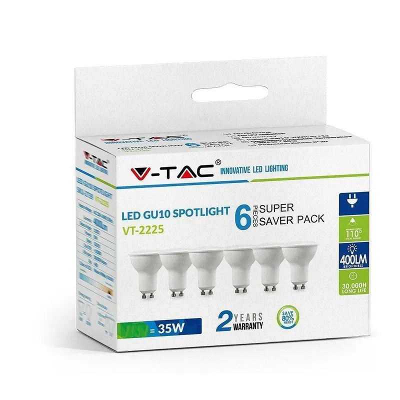 Żarówka LED V-TAC 4,5W GU10 SMD 110ST Mleczna Szybka (Opak. 6szt) VT-2225 6400K 400LM