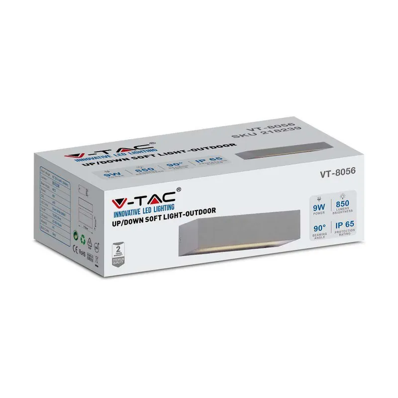 Oprawa Ścienna V-TAC 9W LED Góra Dół IP65 VT-8056 3000K 850LM - Szara