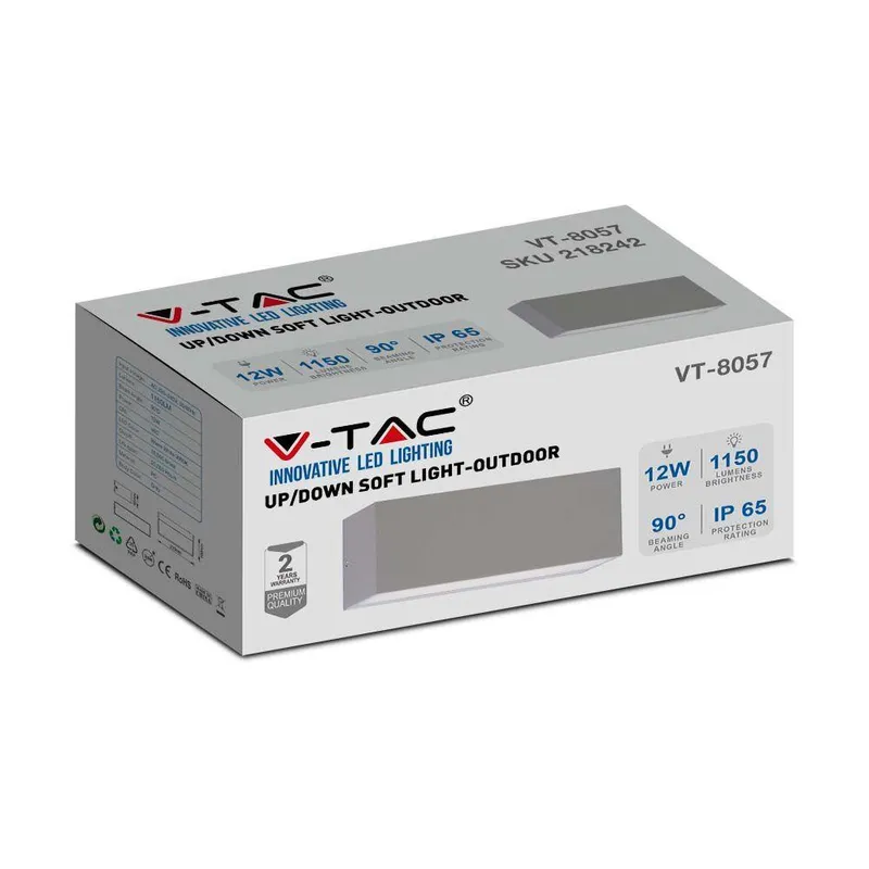 Oprawa Ścienna V-TAC 12W LED Góra Dół IP65 VT-8057 6400K 1150LM - Szara
