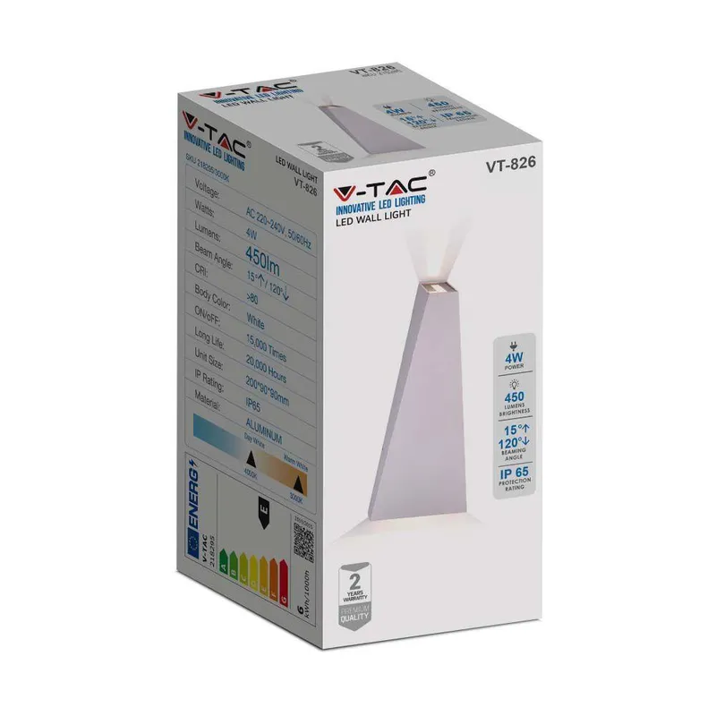 Kinkiet Ścienny V-TAC 4W LED IP65 VT-826-W-N 3000K 450LM - Biały