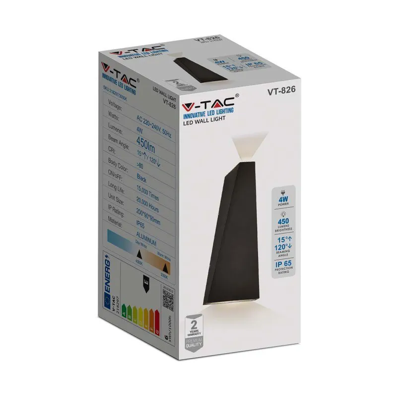 Kinkiet Ścienny V-TAC 4W LED IP65 VT-826-B-N 4000K 476LM - Czarny