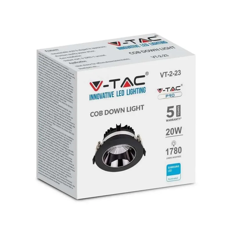 Oprawa Downlight V-TAC SAMSUNG CHIP 20W Uchylna VT-2-13 3000K 1780LM 5 Lat Gwarancji - Czarna