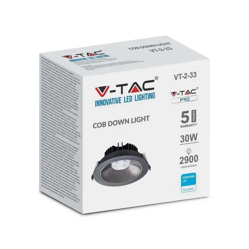 Oprawa Downlight V-TAC SAMSUNG CHIP 30W Uchylna VT-2-13 4000K 2900LM 5 Lat Gwarancji - Czarna