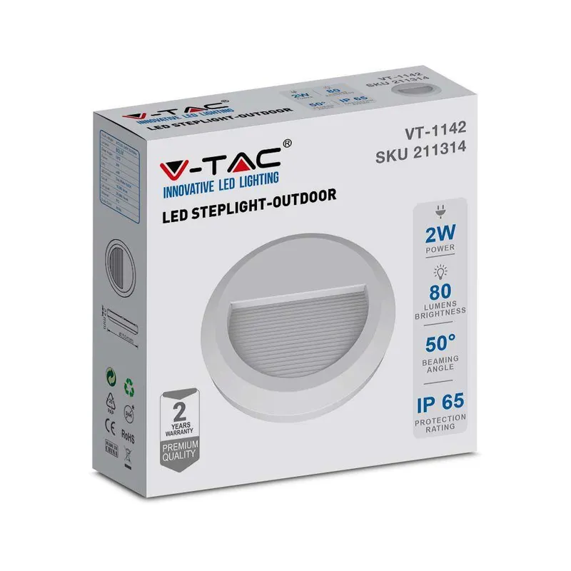 Oprawa Schodowa 2W LED V-TAC Okrągła 230V IP65 VT-1142 4000K 80LM - Biała