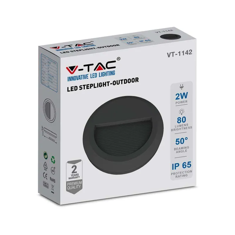 Oprawa Schodowa 2W LED V-TAC Okrągła 230V IP65 VT-1142 3000K 80LM - Czarna