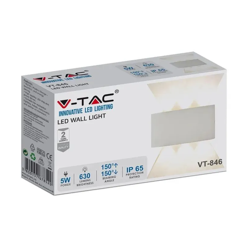 Oprawa Ścienna Góra Dół V-TAC 5W LED IP54 VT-846 3000K 630LM - Biała