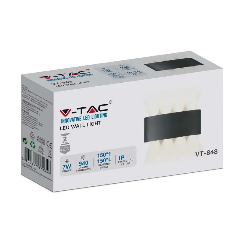 Oprawa Ścienna Góra Dół V-TAC 7W LED IP65 VT-848 4200K 940LM - Czarna
