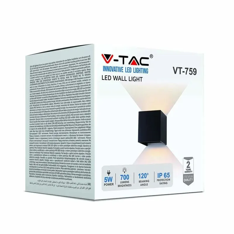 Oprawa Ścienna V-TAC 5W Kinkiet Góra Dół Regulowana Kwadrat IP65 BRIDGELUX VT-759-B 3000K 700LM - Czarny