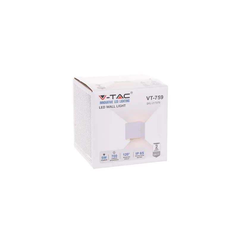 Oprawa Ścienna V-TAC 5W Kinkiet Góra Dół Regulowana Kwadrat IP65 BRIDGELUX VT-759-W 3000K 700LM - Biały