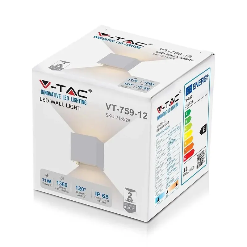 Oprawa Ścienna V-TAC 11W LED Góra Dół Regulowana Chip BRIDGELUX Kwadrat IP65 VT-759-12-W 4000K 1360LM - Biały