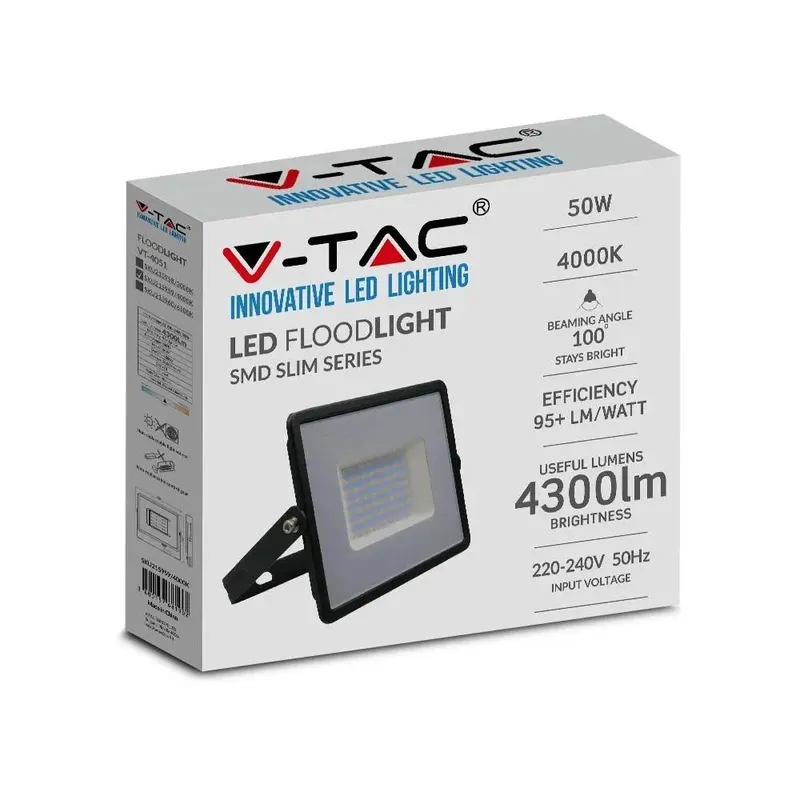 Naświetlacz LED V-TAC 50W SMD E-Series VT-4051 6500K 4300LM - Czarny
