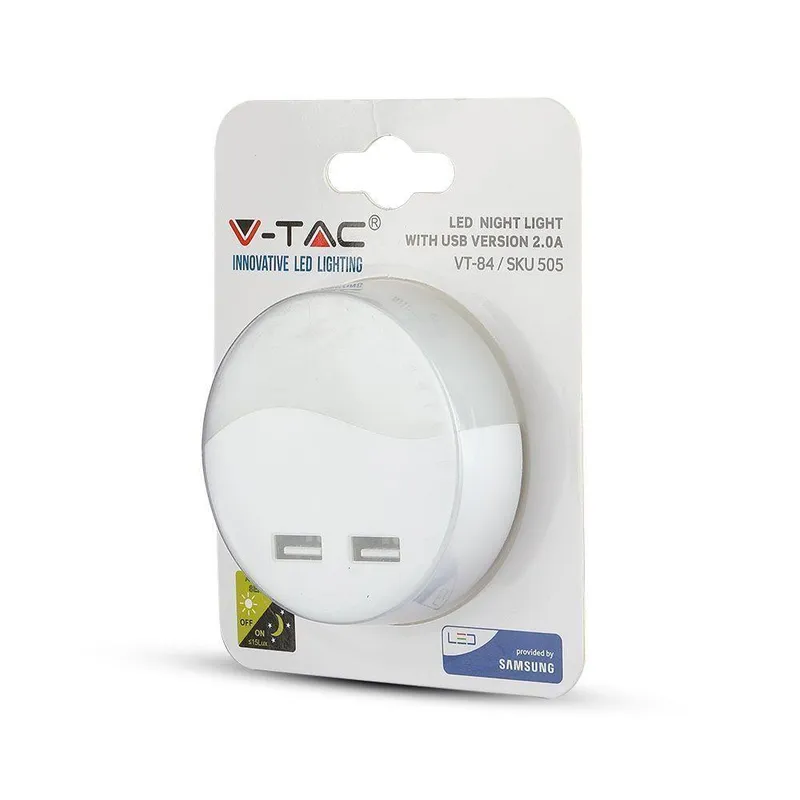 Lampka Nocna Do Gniazdka LED Z USB V-TAC SAMSUNG CHIP Okrągła VT-84-RD 3000K 10LM
