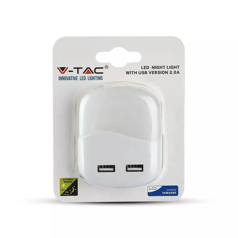 Lampka Nocna Do Gniazdka LED Z USB V-TAC SAMSUNG CHIP Kwadrat VT-84-SQ 3000K 10LM