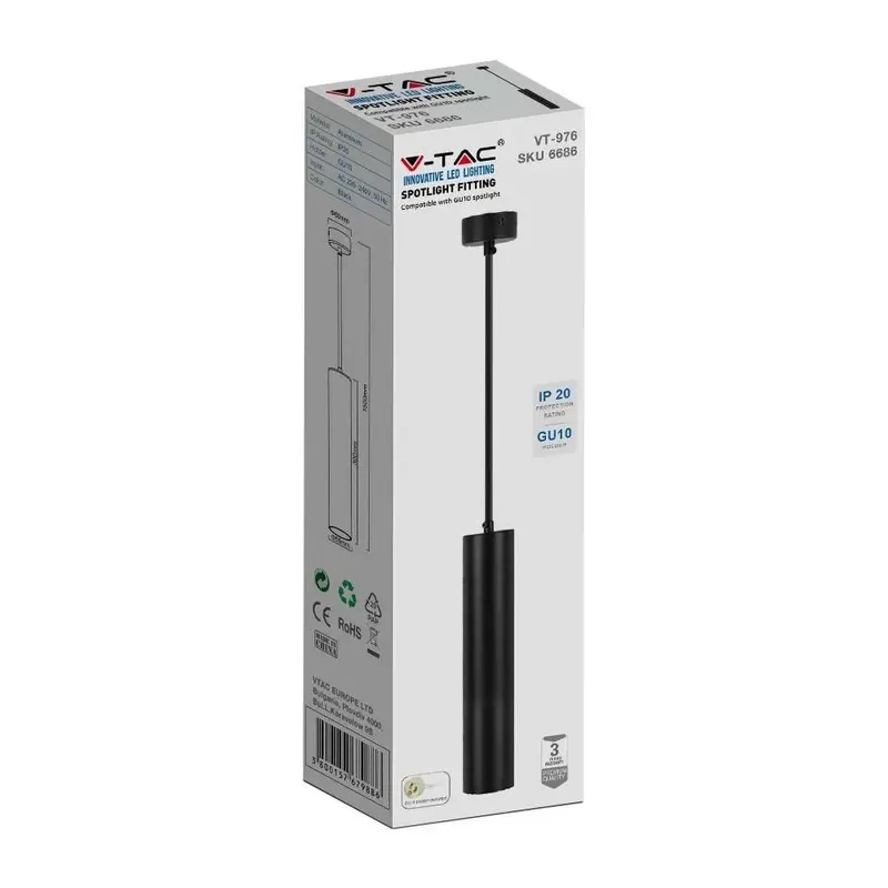 Oprawa Zwieszana V-TAC GU10 GU10 55x300mm VT-976-300 3 Lata Gwarancji - Czarny