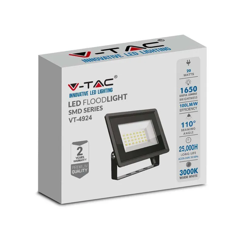 Naświetlacz LED V-TAC 20W SMD F-Class VT-4924-B 4000K 1650LM - Czarny