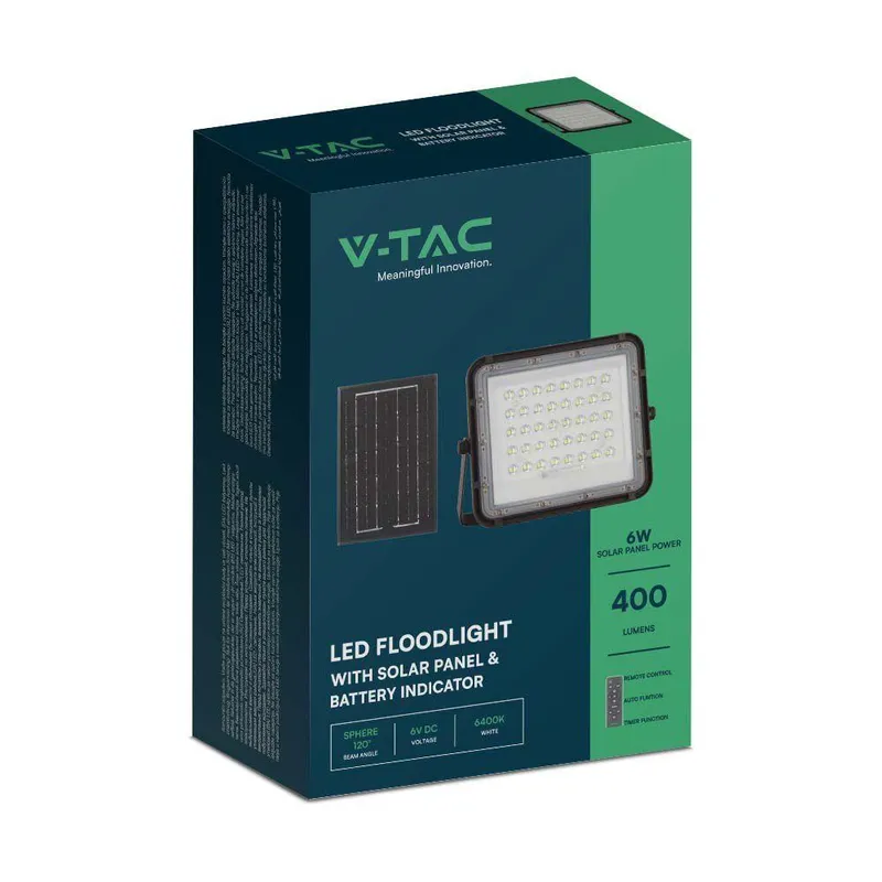 Naświetlacz LED Solarny V-TAC 6W Pilot Auto Timer IP65 VT-40W 6400K 400LM - Czarny
