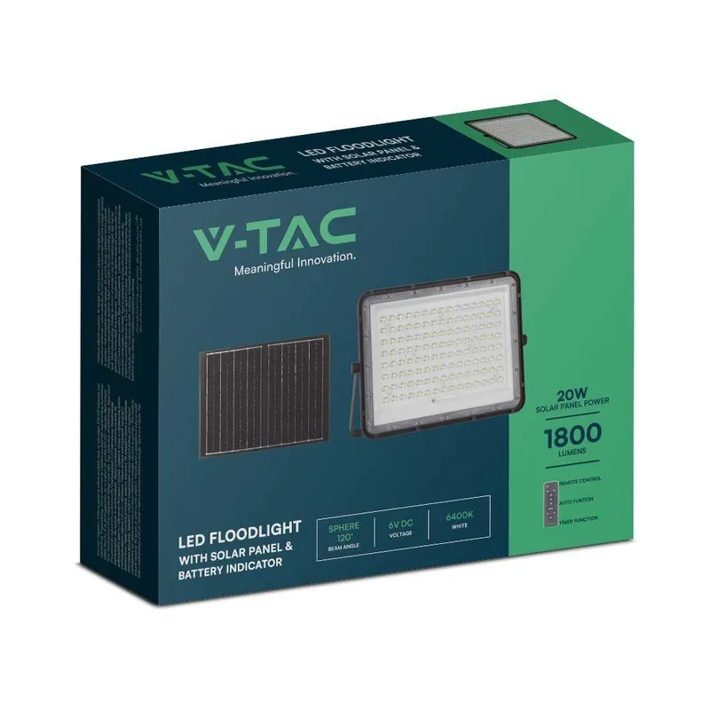 Naświetlacz LED Solarny V-TAC 20W Pilot Auto Timer IP65 VT-180W 4000K 1800LM - Czarny