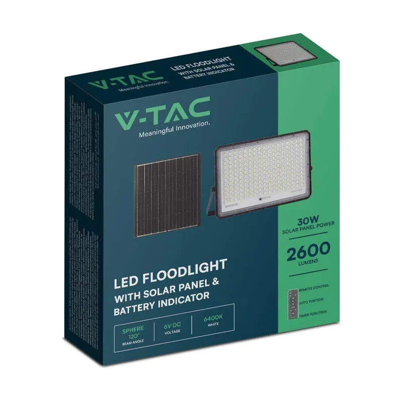 Naświetlacz LED Solarny V-TAC 30W Pilot Auto Timer IP65 VT-240W 4000K 2600LM - Czarny
