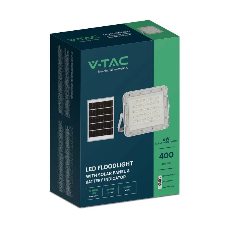 Naświetlacz LED Solarny V-TAC 6W Pilot Auto Timer IP65 VT-40W-W 4000K 400LM - Biały