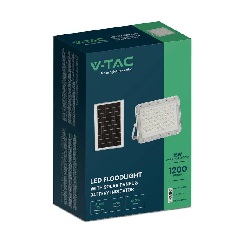 Naświetlacz LED Solarny V-TAC 15W Pilot Auto Timer IP65 VT-120W-W 4000K 1200LM - Biały