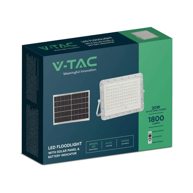 Naświetlacz LED Solarny V-TAC 20W Pilot Auto Timer IP65 VT-180W-W 4000K 1800LM - Biały