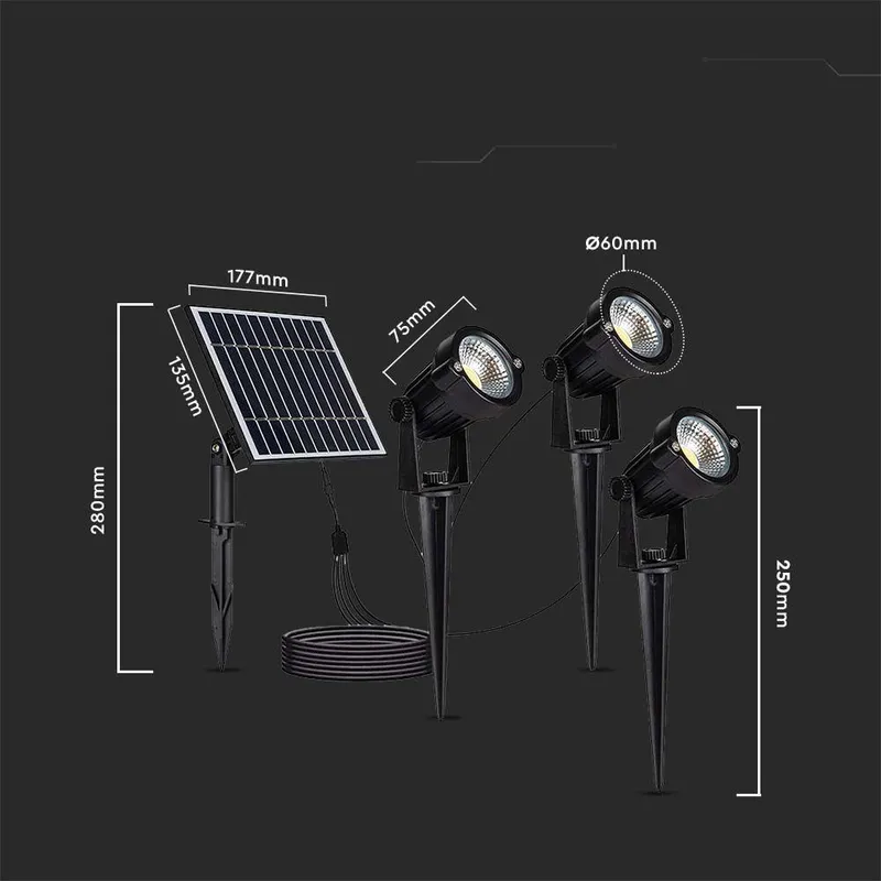Oprawa Gruntowa Ogrodowa Wbijana LED V-TAC Solarna Zestaw 3x1.2W IP65 VT-11032 3000K 50LM 3 Lata Gwarancji