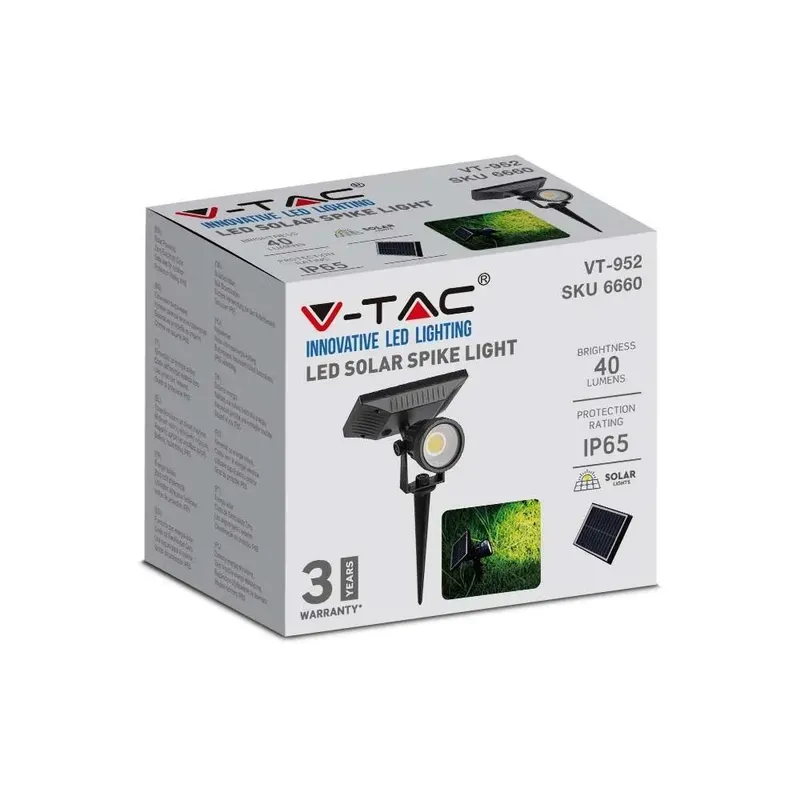 Oprawa Gruntowa Ogrodowa Wbijana LED V-TAC Solarna 2W IP65 VT-952 4000K 40LM 3 Lata Gwarancji