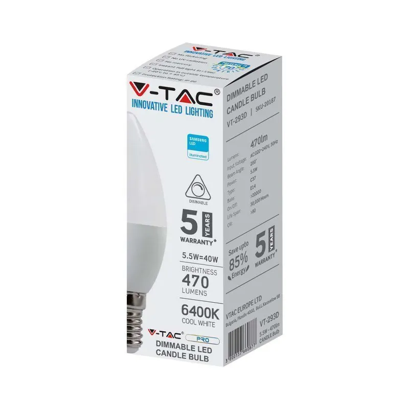 Żarówka LED V-TAC SAMSUNG CHIP 5.5W E14 Świeczka Ściemnialna VT-293D 6400K 470LM 5 Lat Gwarancji