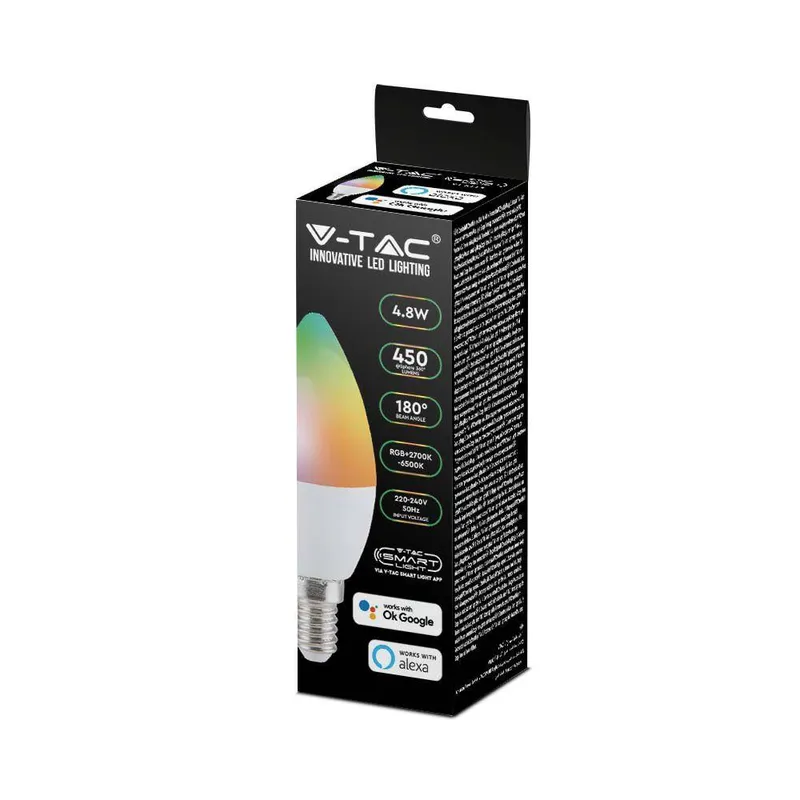 Żarówka LED Smart WI-FI V-TAC 4.8W E14 Świeczka Tuya Alexa Google Home VT-5114-N RGB+2700K-6400K 450LM