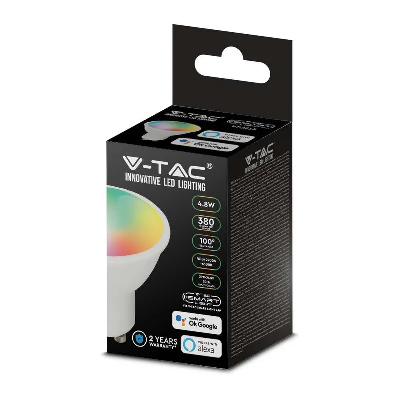 Żarówka LED Smart WI-FI V-TAC 4.8W GU10 Tuya Amazon Alexa Google Home VT-2215 RGB+2700K-6500K 380LM