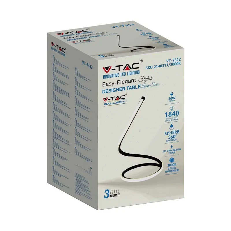 Lampka Stołowa Nocna LED V-TAC Gięty Profil 20W 35cm VT-7312-B-N 3000K 1840LM 3 Lata Gwarancji - Czarny