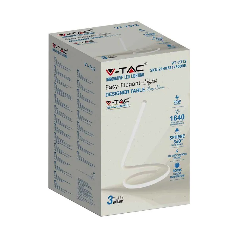Lampka Stołowa Nocna LED V-TAC Gięty Profil 20W 35cm VT-7312-W-N 3000K 1840LM 3 Lata Gwarancji - Biały