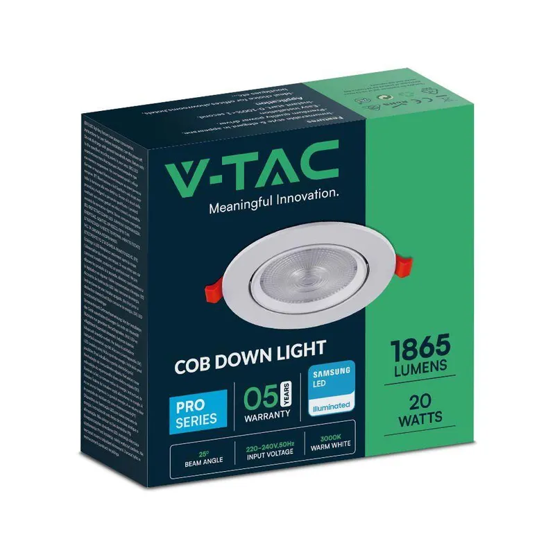 Oprawa V-TAC LED Downlight SAMSUNG CHIP 20W Ruchoma VT-2-20 3000K 1865LM 5 Lat Gwarancji