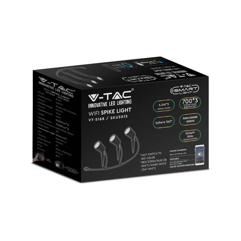 Oprawa Gruntowa Ogrodowa Wbijana LED Smart WI-FI V-TAC 3x7W Amazon Alexa Google Home VT-5168 RGB+3000K-6500K 520LM