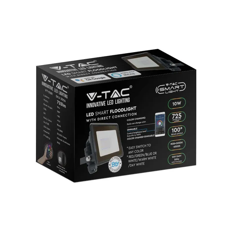 Naświetlacz LED WI-FI V-TAC 10W Z Mufą Smart Amazon Alexa Google Home VT-5181 RGB+3000K-6500K 725LM - Czarny