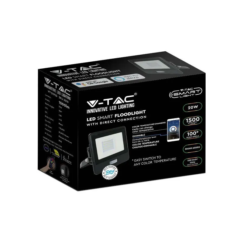 Naświetlacz LED WI-FI V-TAC 20W Czujnik Ruchu Z Mufą Smart Amazon Alexa Google Home VT-5192S RGB+3000K-6500K 1500LM - Czarny