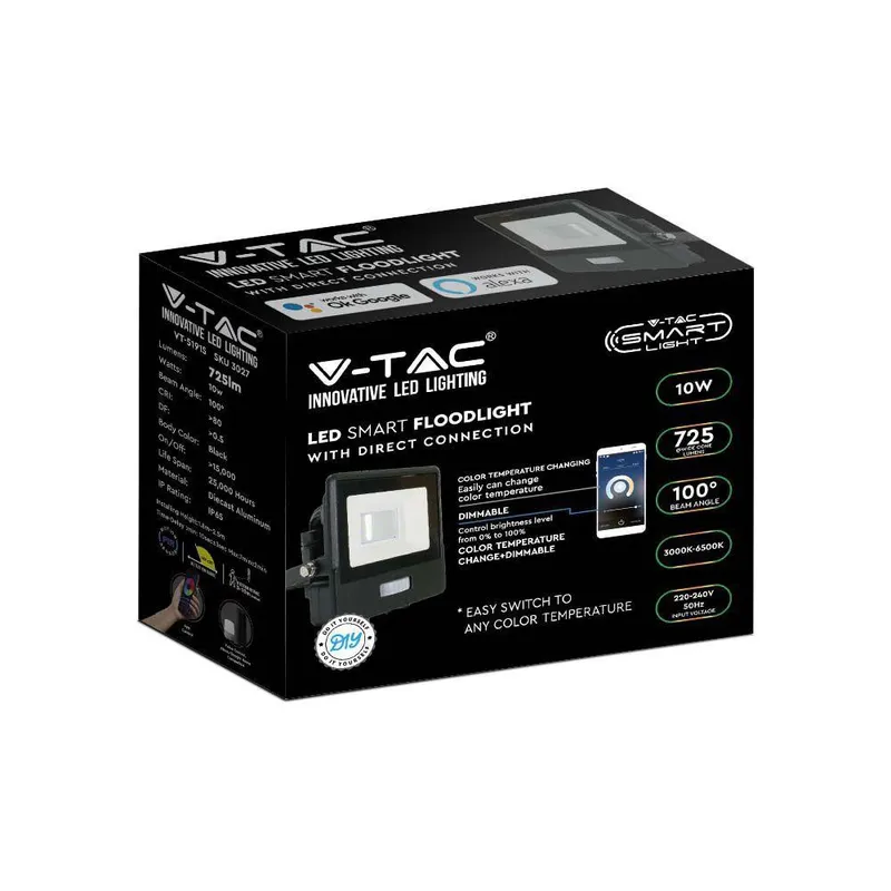 Naświetlacz LED WI-FI V-TAC 10W Czujnik Ruchu Z Mufą Smart Amazon Alexa Google Home VT-5191S RGB+3000K-6500K 725LM - Czarny