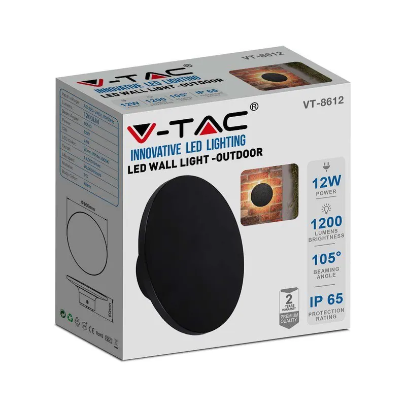 Oprawa Ścienna Kinkiet 12W V-TAC Okrągły IP65 VT-8612B-RD 4000K 1400LM - Czarny