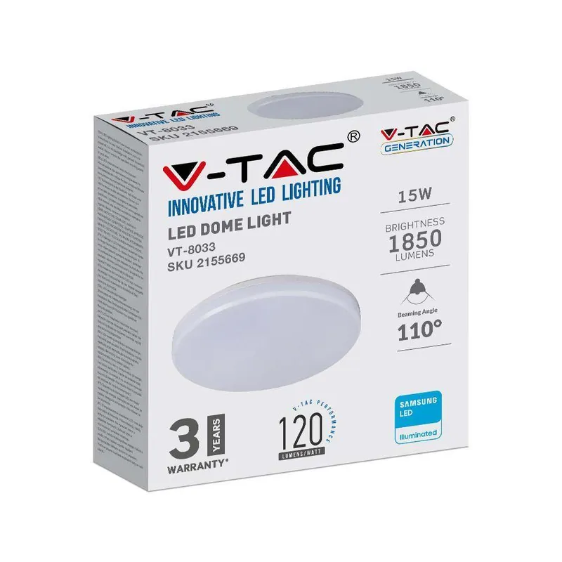 Oprawa Sufitowa Plafoniera Okrągła V-TAC 15W LED SAMSUNG CHIP 20cm IP44 120LM/W VT-8033 4000K 1850LM 3 Lata Gwarancji