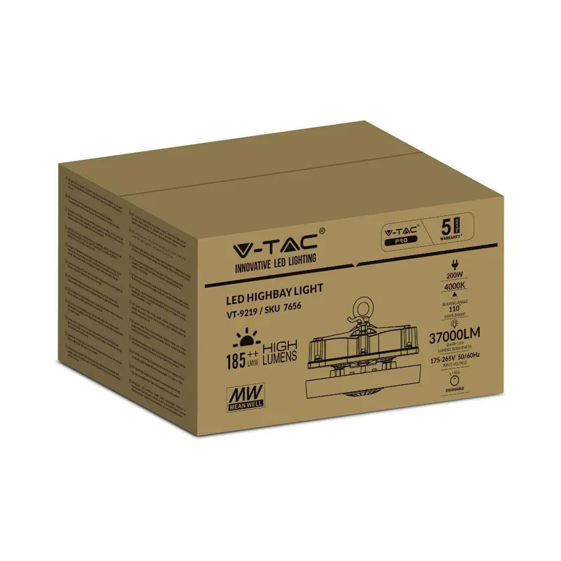 Oprawa LED High Bay V-TAC MeanWell Driver 200W 185LM/W VT-9219 6500K 37000LM 5 Lat Gwarancji