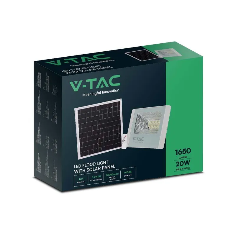 Naświetlacz LED Solarny V-TAC 20W IP65 Pilot Timer VT-60W 6400K 1650LM - Biały